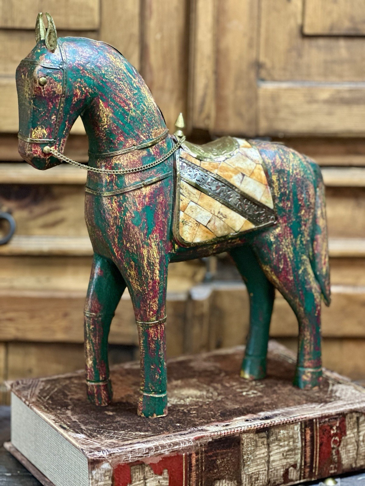 Lg VTG Handcarved Polychrome Brass/Copper Shell Inlay Horse Sculpture (India)