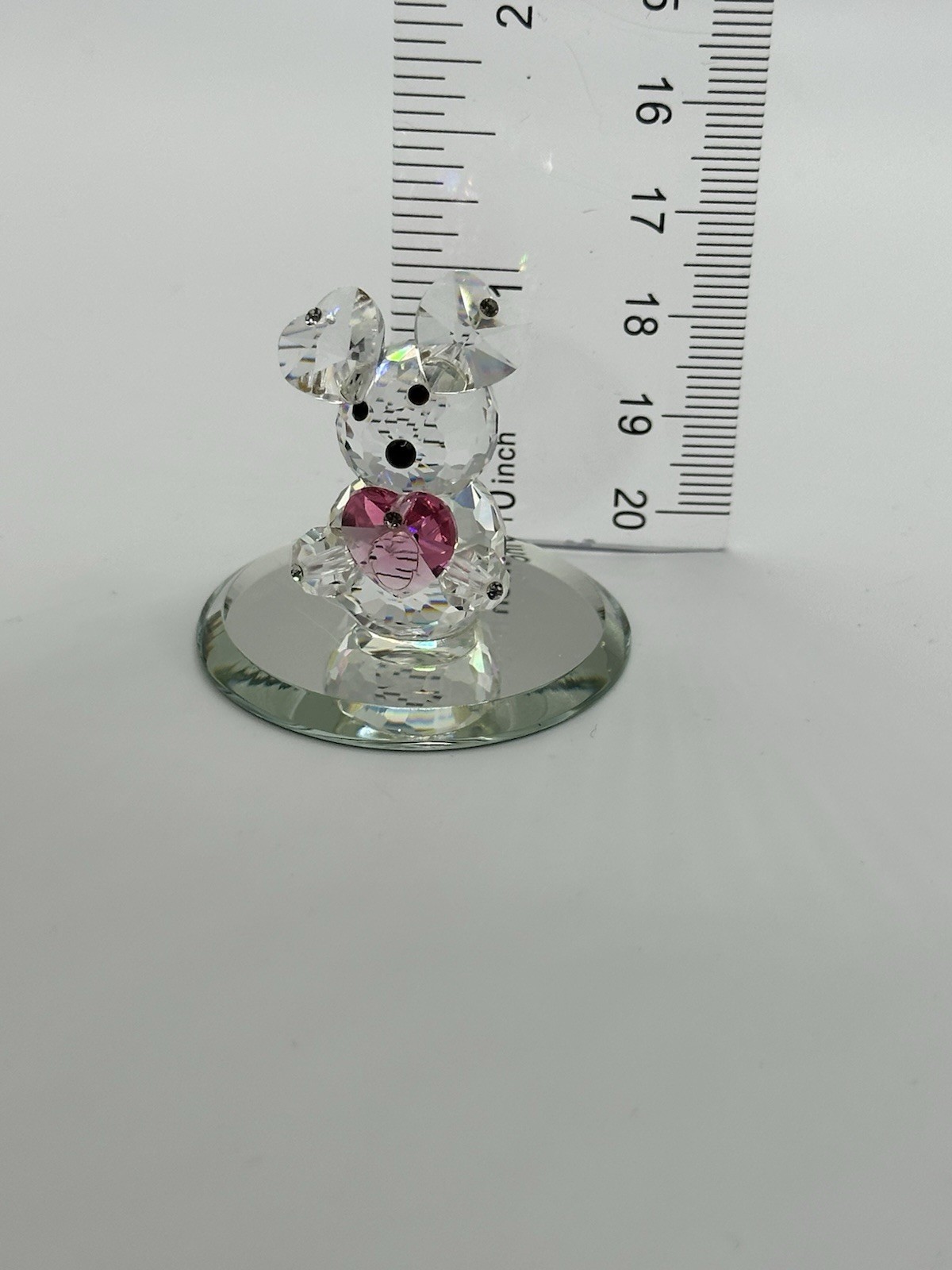 Clear Crystal Teddy Bear With Pink Heart Figurine On Round Beveled Mirrored Base