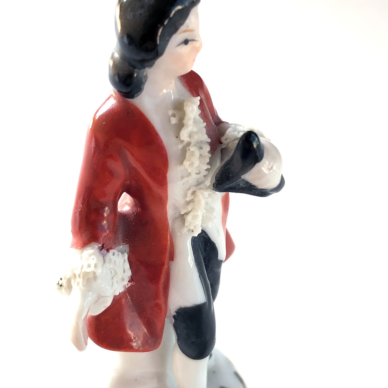 French Red Coat Gentleman Figure Spaghetti Trim Hand Painted Japan 3 3/4″ C244