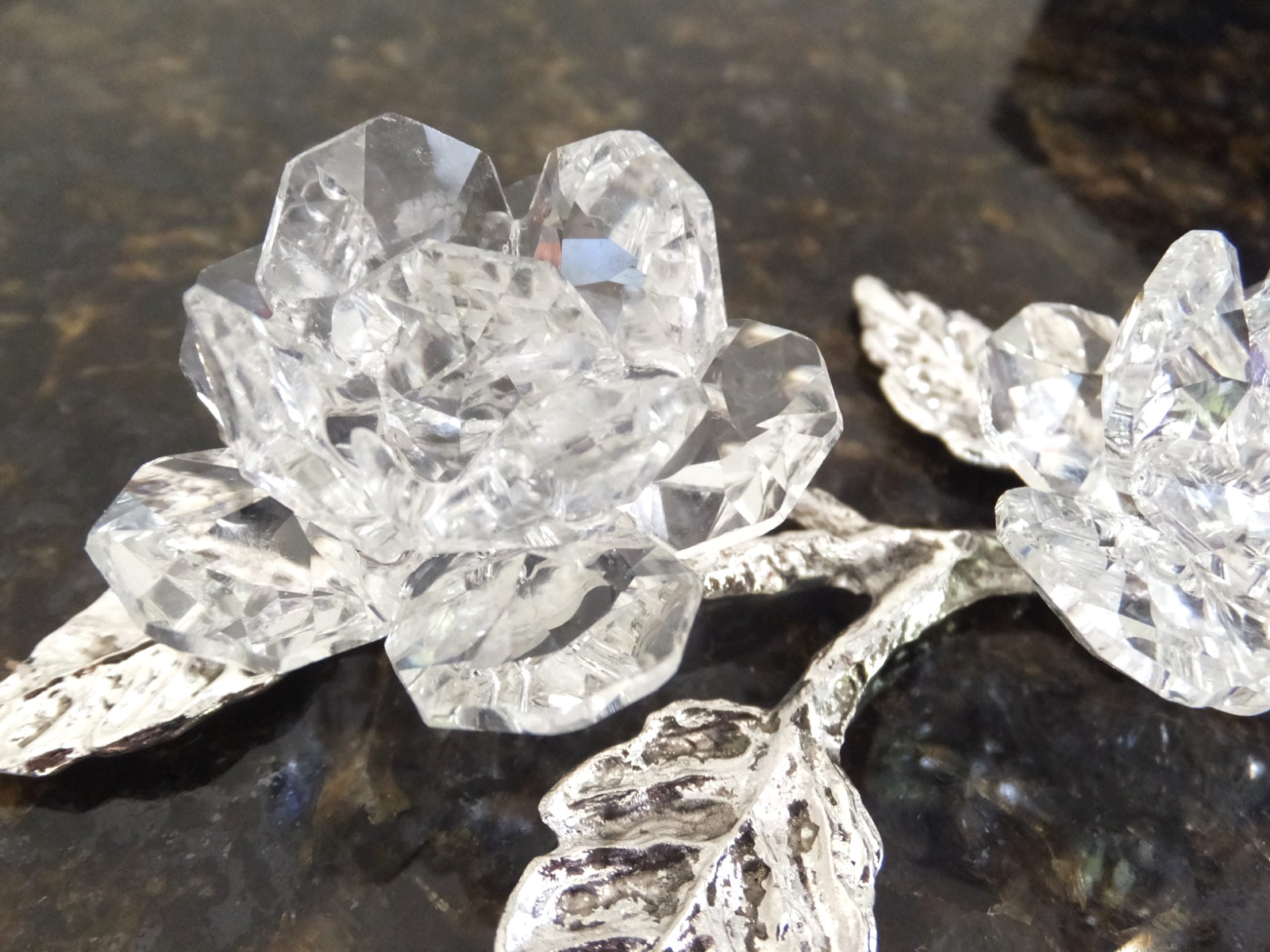 Swarovski Crystal Double Rose 4″ with silver metal stem & leaves. Made in Italy