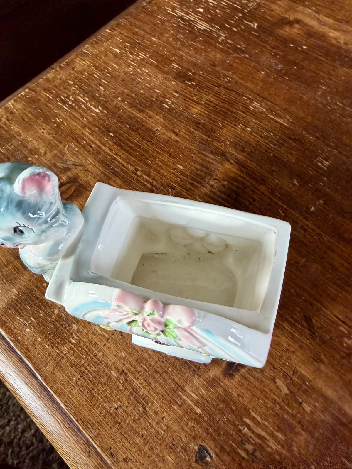 Vintage 40s/50s Ceramic RIES Anthropomorphic Kitty w/ Flower Cart Planter Baby
