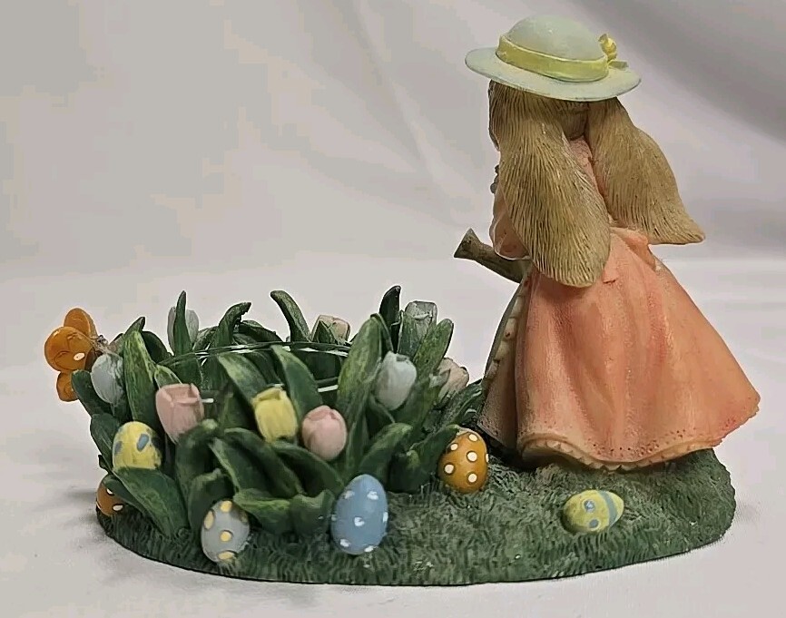 RARE Cute Bunny W/Pink Dress, Blue Apron & Hat In Easter Garden ~Candle Holder!