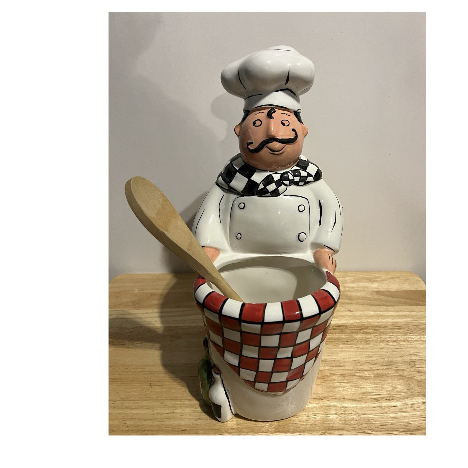 Ceramic Chef Figurine Utensil Holder Hand Painted Red Checkered Wood Spoon