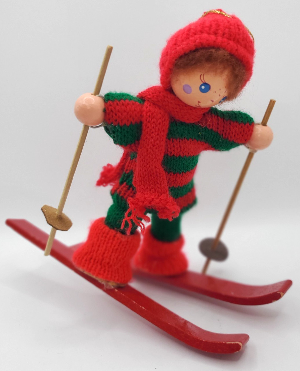 Vtg Molly Muse Skier Wooden Carved Doll Figure Winter Skiing REPAIRED Ski Pole