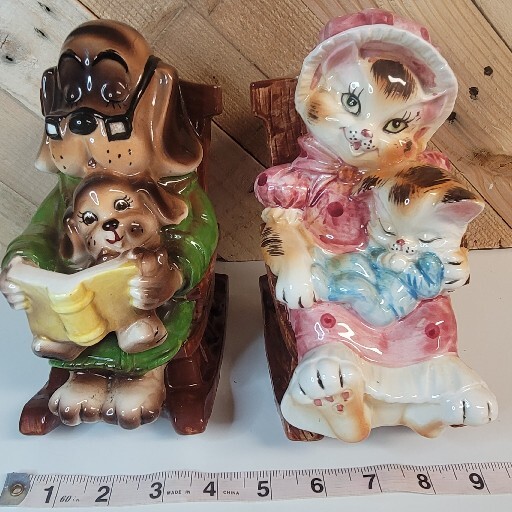 Lefton Piggy Bank Anthropomorphic Dog /Cat + Puppy / Kitten In A Rocking Chair