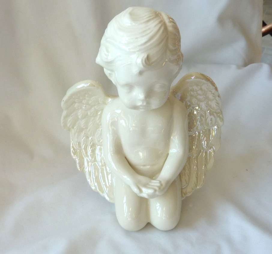 Kneeling Praying Angel Cherub Porcelain Figurine White Glossy-Memorials