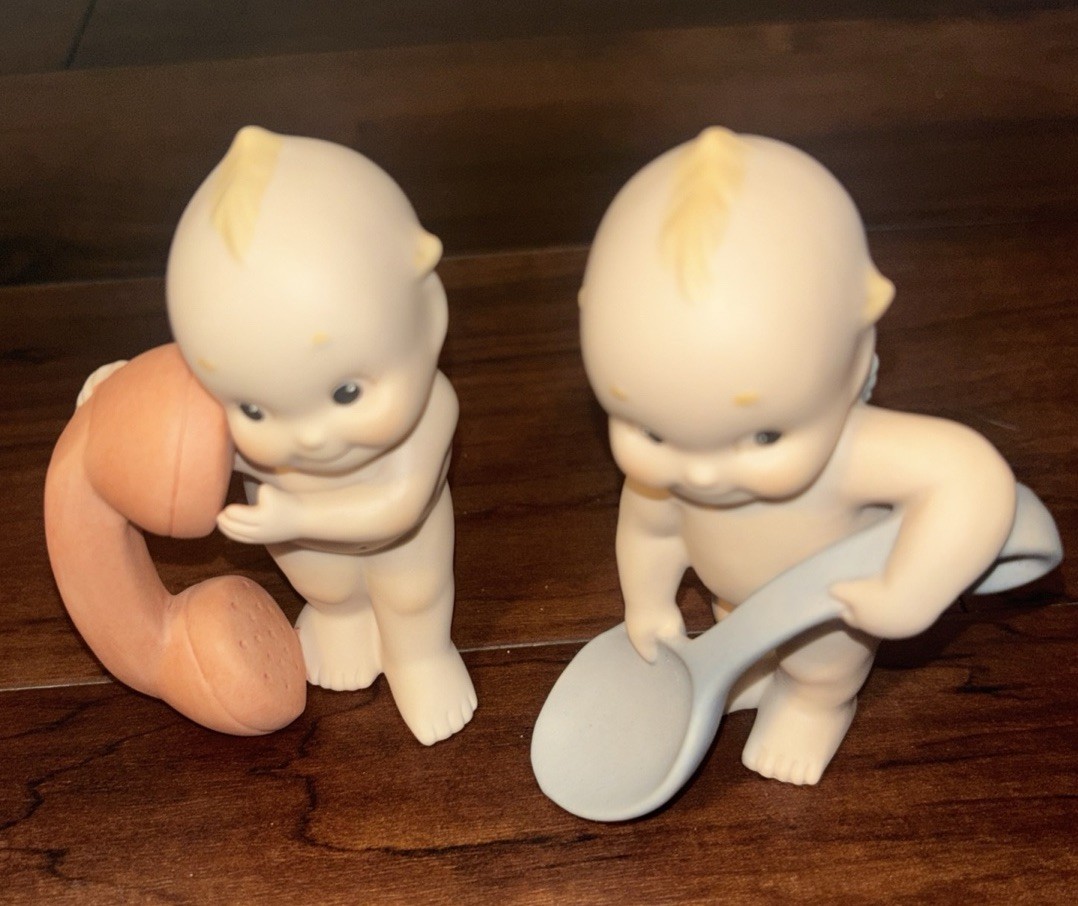 1992 KEWPIE Baby Cupids With Wings Bisque Porcelain Spoon & Phone Figurines