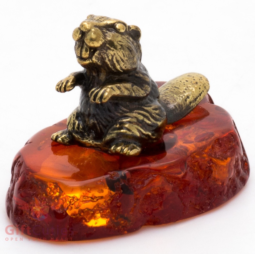 Brass Amber Figurine of a little baby beaver cub IronWork