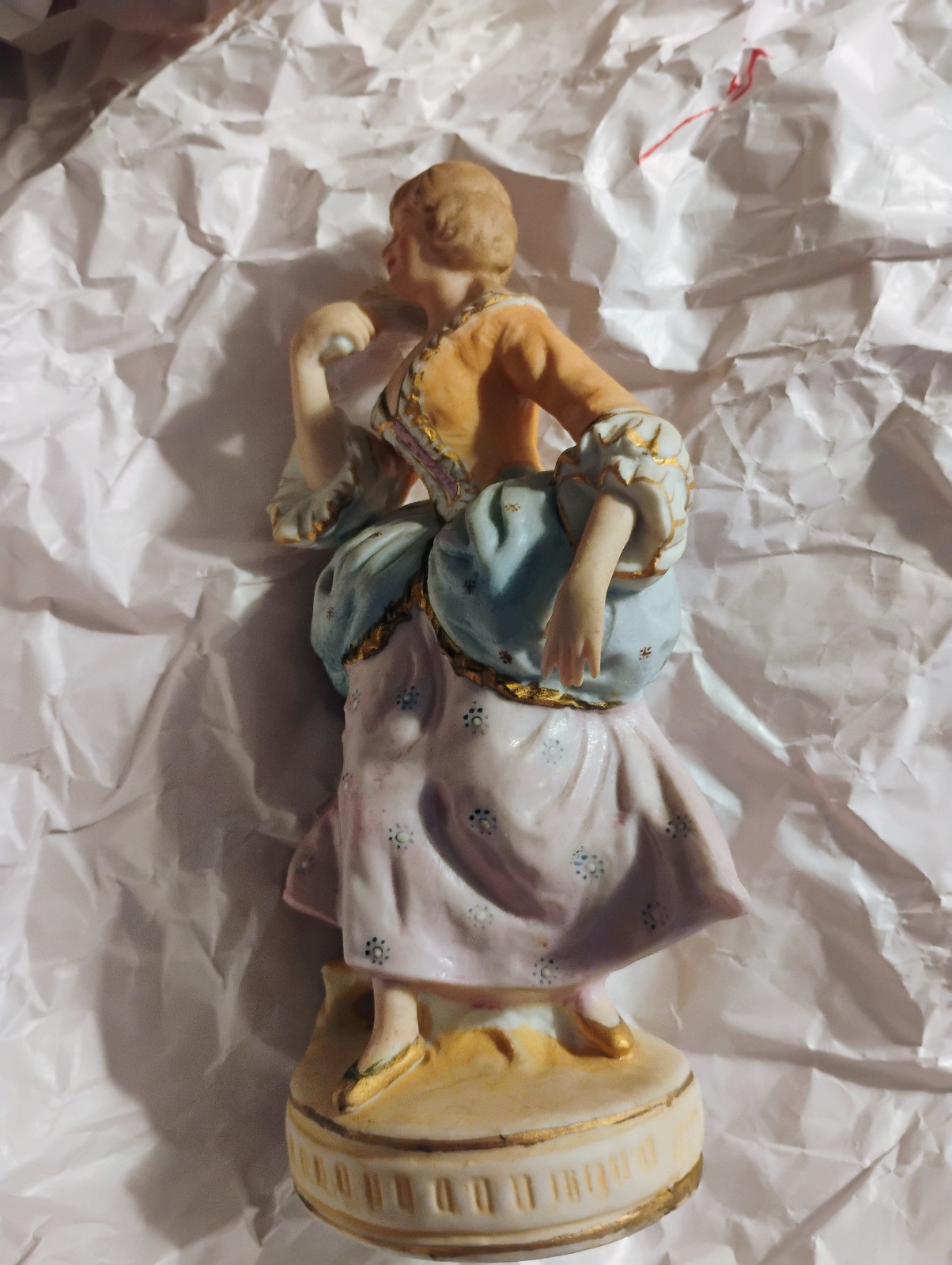 bisque colonial couple figures, gold trim, handpainted, detailed Maruri Japan