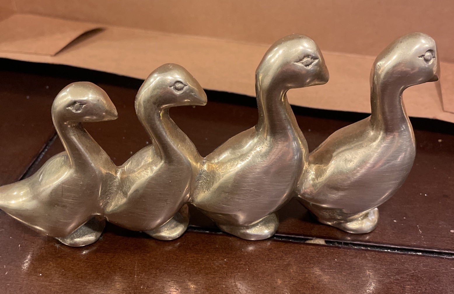 Vintage Solid Brass Family of Ducks Figurine Paperweight 4 in a Row 6 1/2″ Long