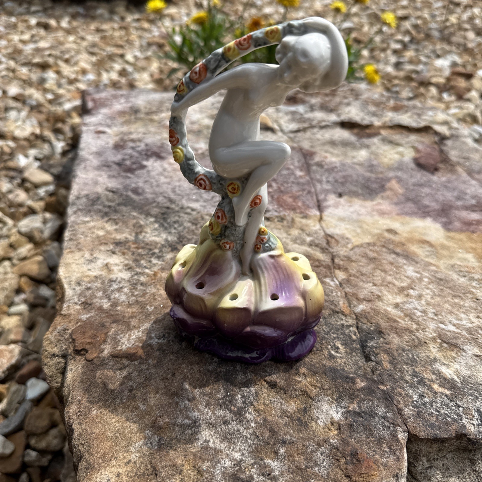 Antique Art Nouveau Flower Frog Porcelain Nude Woman Garland Dancer Germany