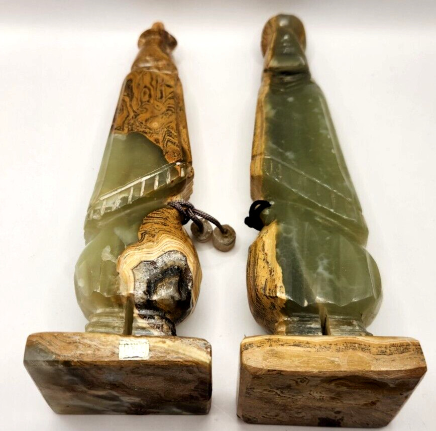 Pair Of Carved 9.25″ Onyx Stone Monk Figures Both Have Repairs