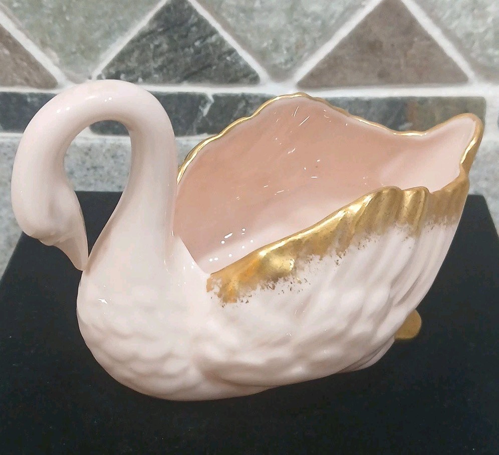 LENOX SWAN Porcelain PINK TRINKET DISH 24K USA Blue Makers Mark 4.5″ Inches Vtg!