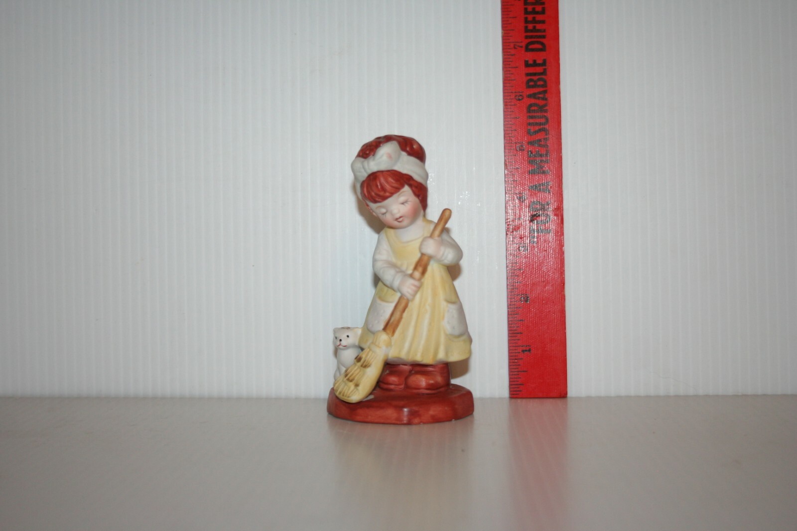 Vintage Figurine Girl w Broom Kitten At Her Feet Hand Painted Bisque Porcelain