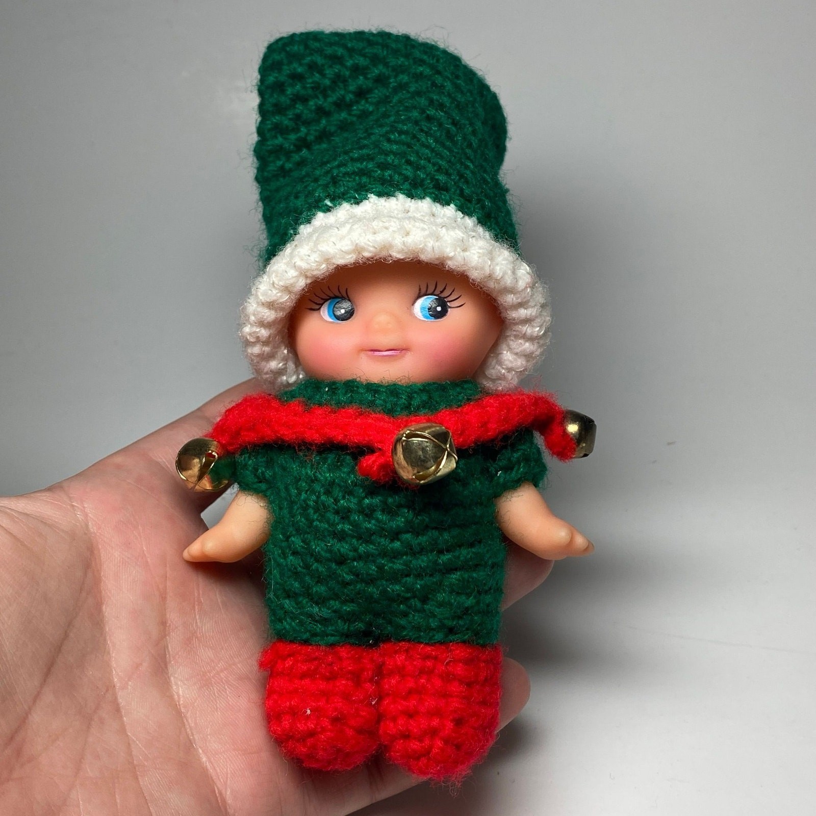 Vintage Christmas Kewpie Doll with Hand Crocheted Elf Outfit with Jingle Bells