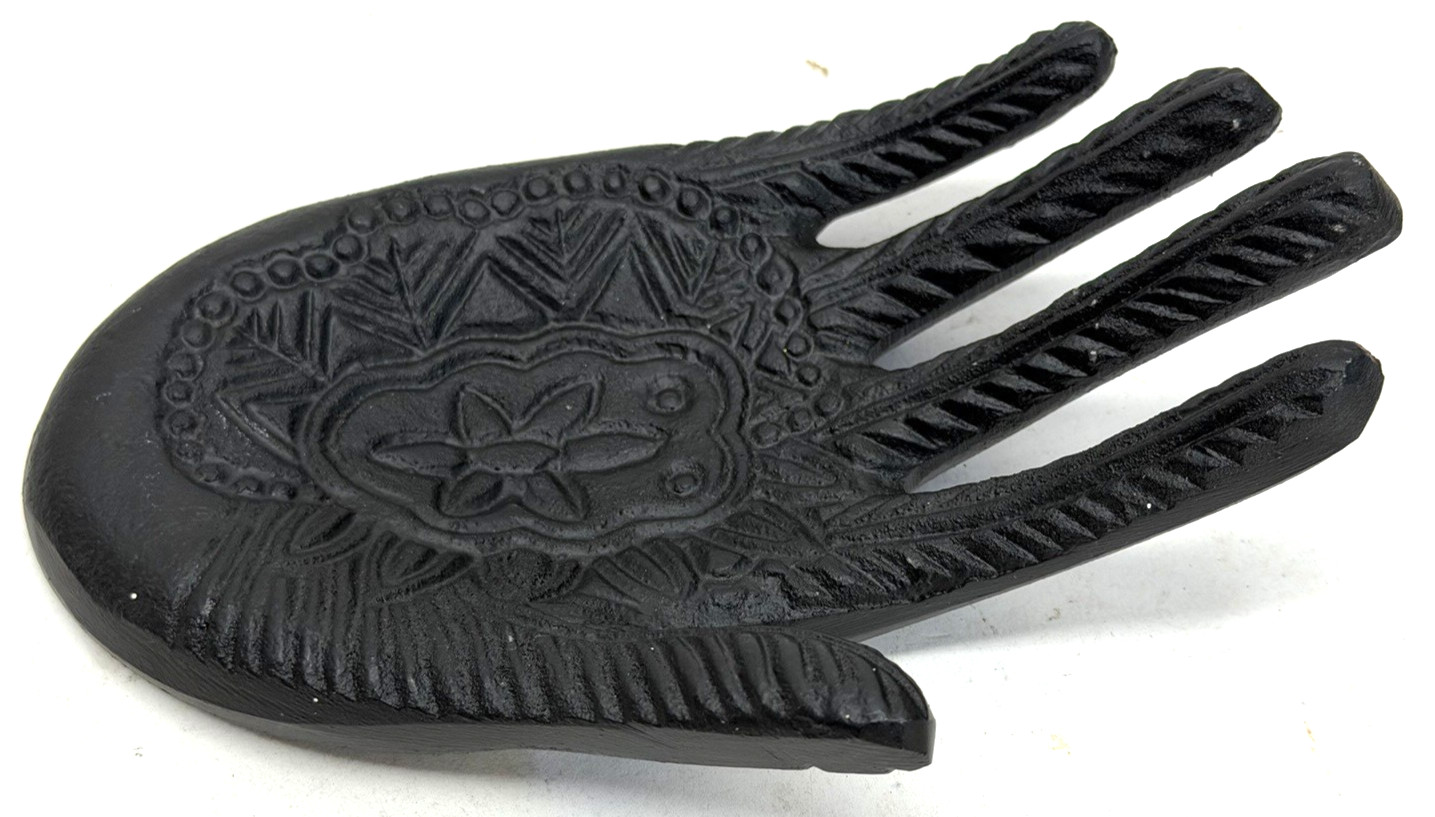 Cast Iron Hamsa Hand Eye of God Incense Burner Trinket Dish Black Bohemian Decor