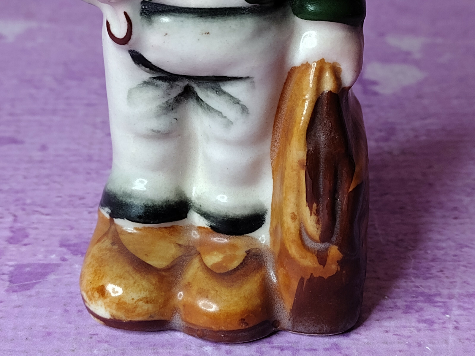 Little Boy Vintage Figurine Hat Umbrella Bag Green Coat Handpainted Bisque 5.5in