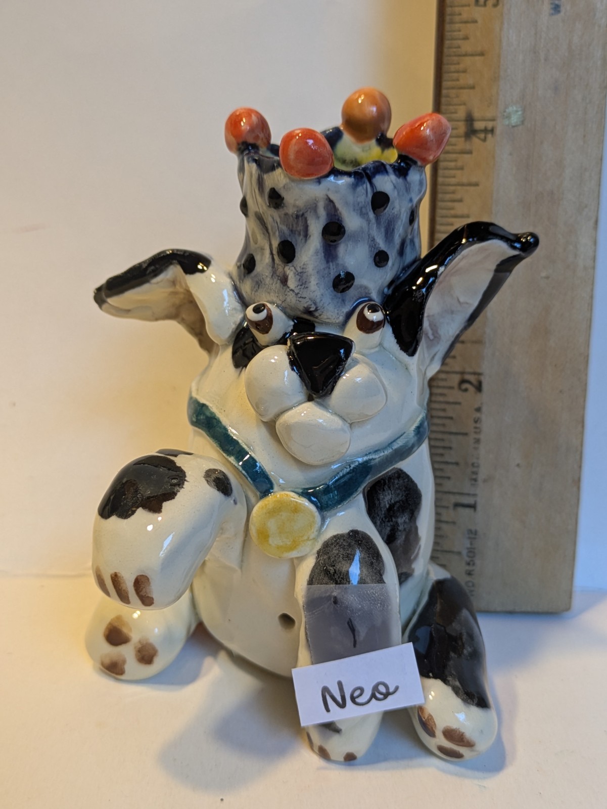 Black & White WhimsiClay Dog Original Candle Holder “Nekko” 1999 by Amy Lacombe