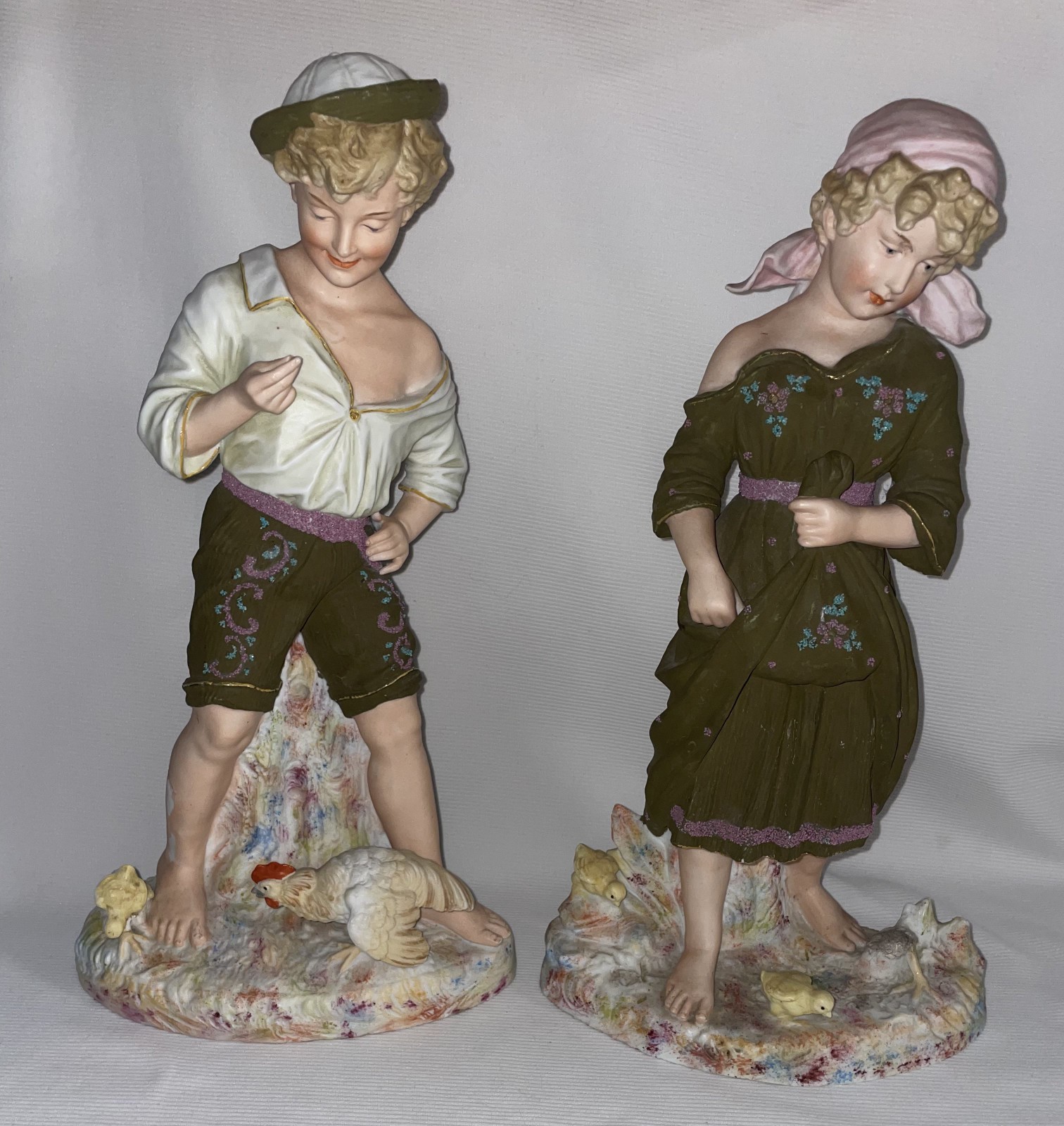 Gebruder Heubach Bisque Boy & Girl Feeding Hens & Chicks 14 1/2 Inches High