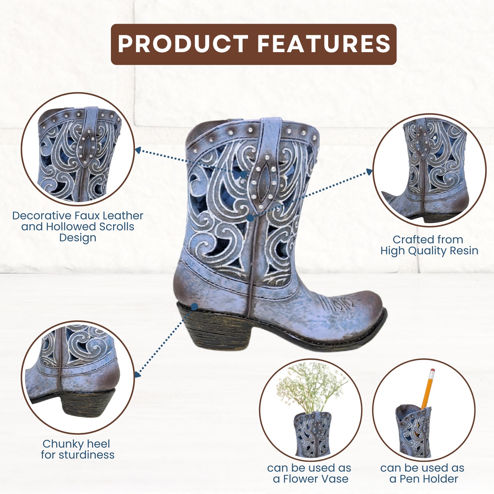Boot Vase Set of 3 – Assorted Resin Cowboy Boot Vases, Rustic Western Décor