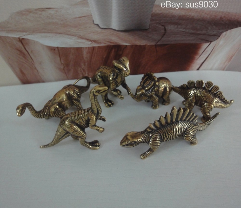 A Set of 6pcs Retro Brass Miniature Dinosaurs Statues Sculptures & Gift Box