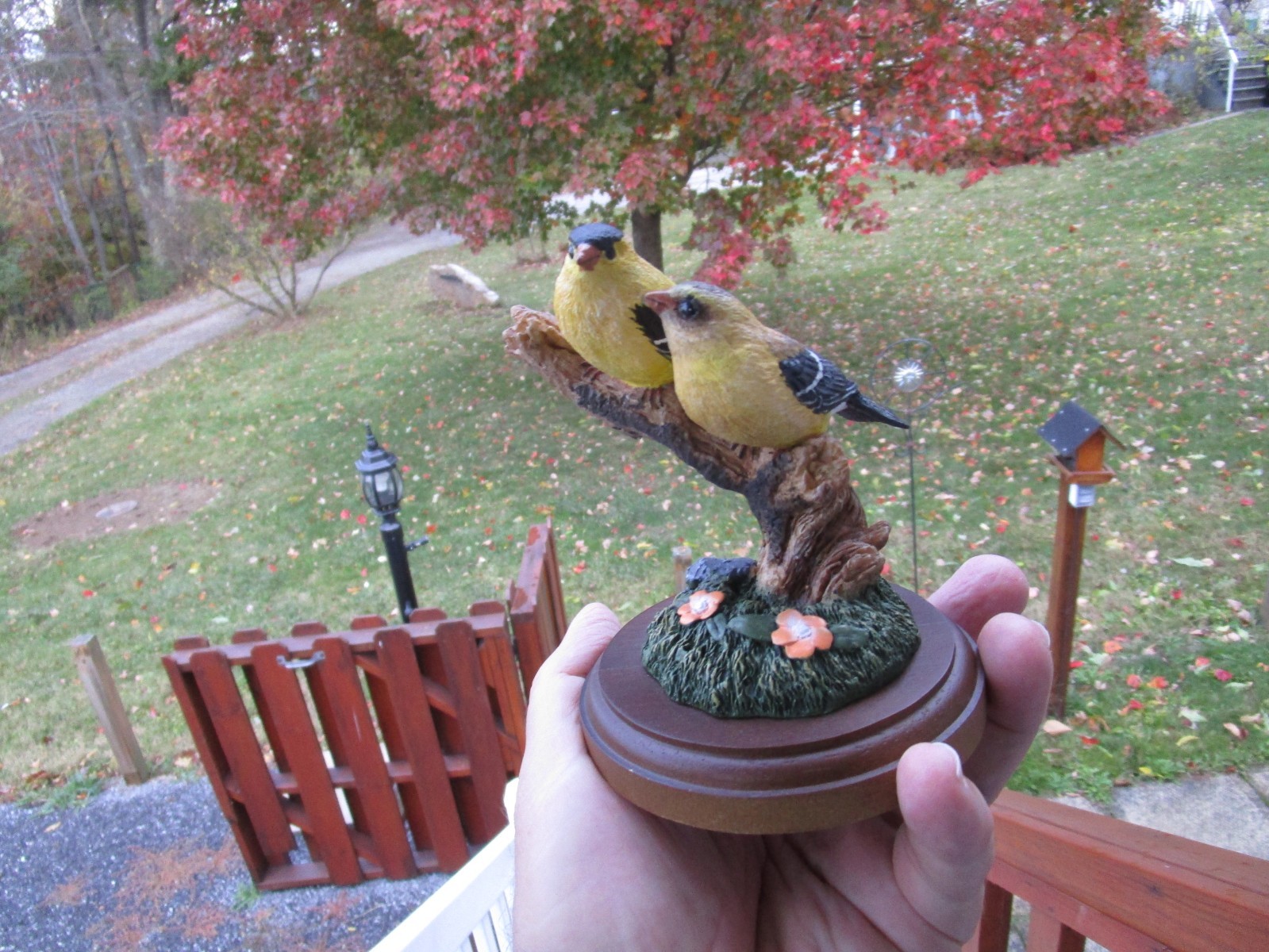 2 GOLDFINCH BIRDS ON BRANCH FIGURINE ~ Excellent Condition + Wooden Base!!!