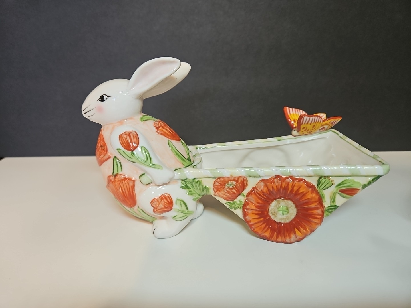 2 VILLEROY & BOCH 1748 Bunny Rabbit Pulling Cart Easter Decor Butterfly Poppy