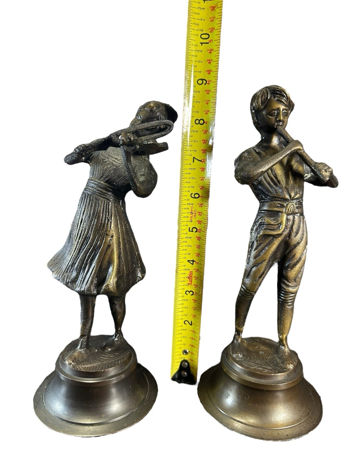 Vintage Brass Musician Figurines – Boy with Flute & Girl with Violin. 9” Tall.