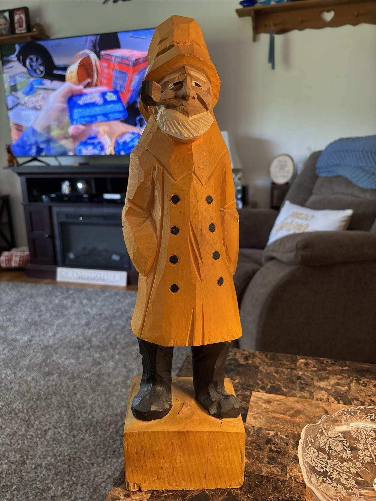 Folk Art Hand Carved Wooden Sailor Fisherman W/ Pipe Yellow Coat Vintage 18”