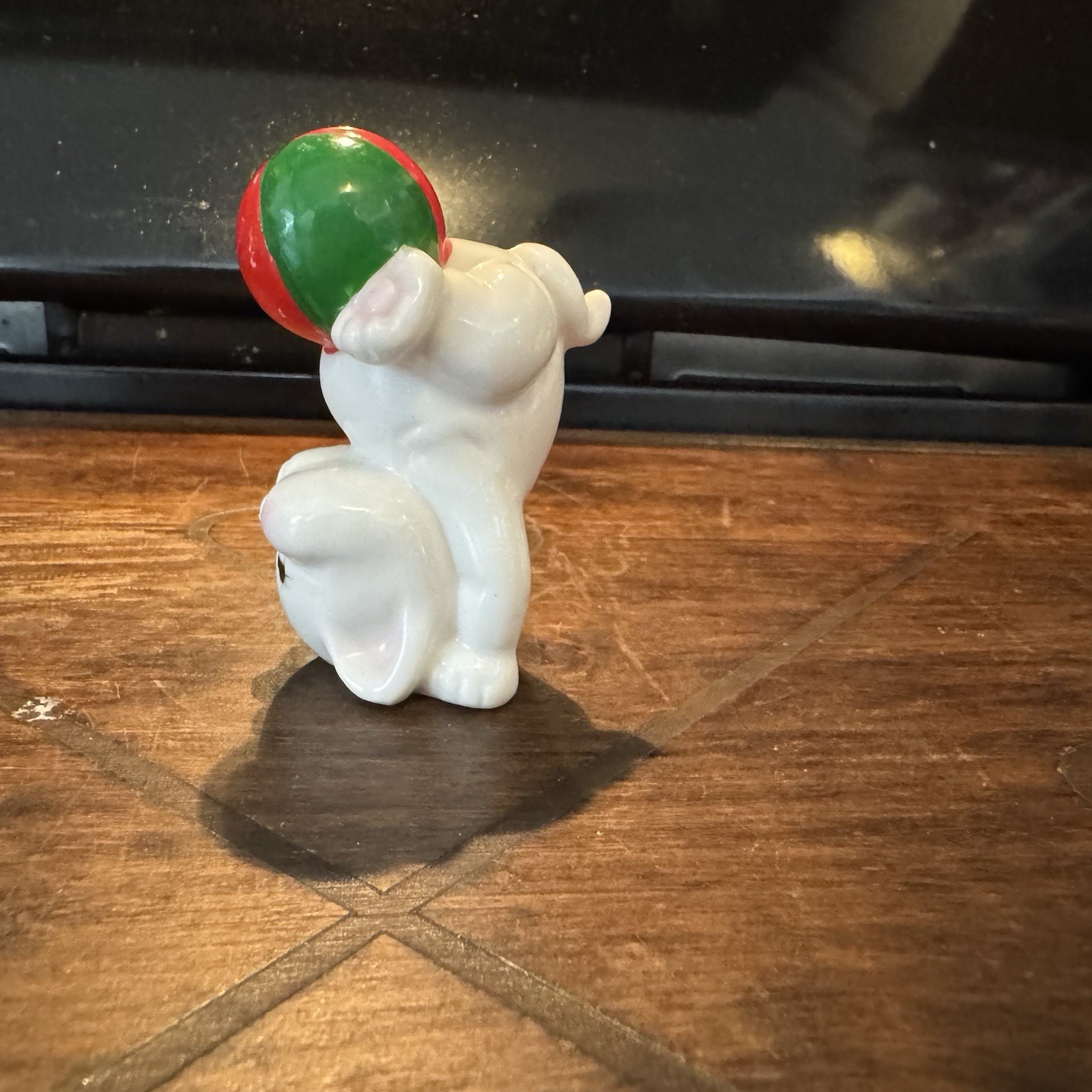 Vintage Porcelain White Kitten Playing with Green And Red Ball