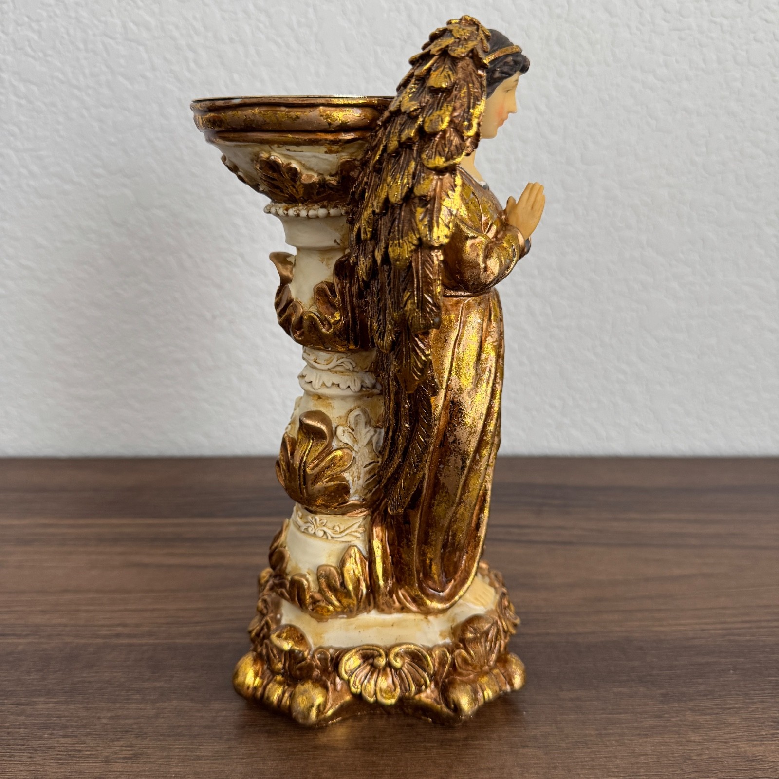 Gold Praying Angel Pedestal Candle Holder Holiday Religious Decor 10 in Tall