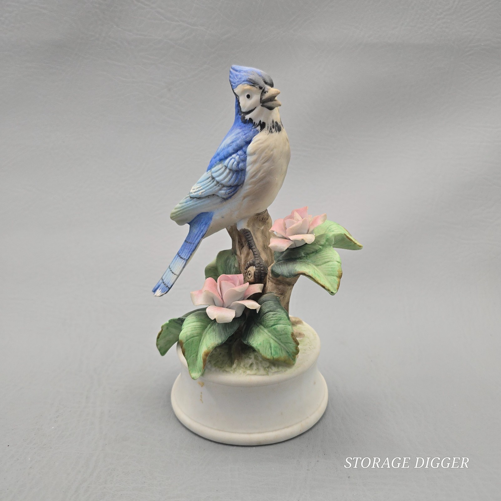 Vintage Royal Crown Porcelain Blue Jay on Branch with Flowers Figurine 7″ Tall