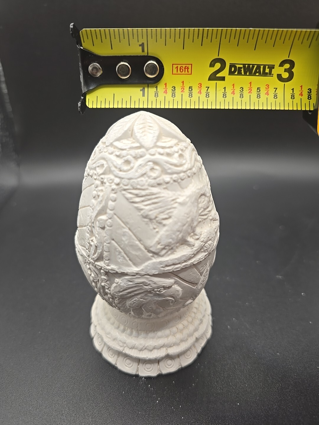Carved White Chalk (like) Egg With Pedestal Eagles Solid 3.75″x2.25″
