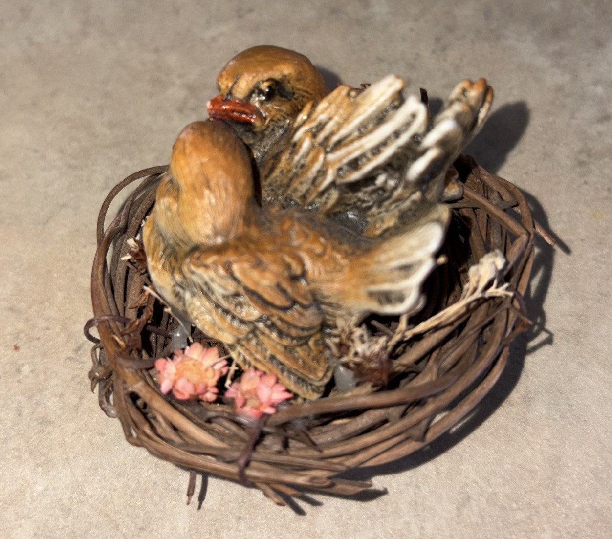 Vintage Ceramic Birds Figurine in Wooden Twig Nest Miniature Shelf Decor Enesco