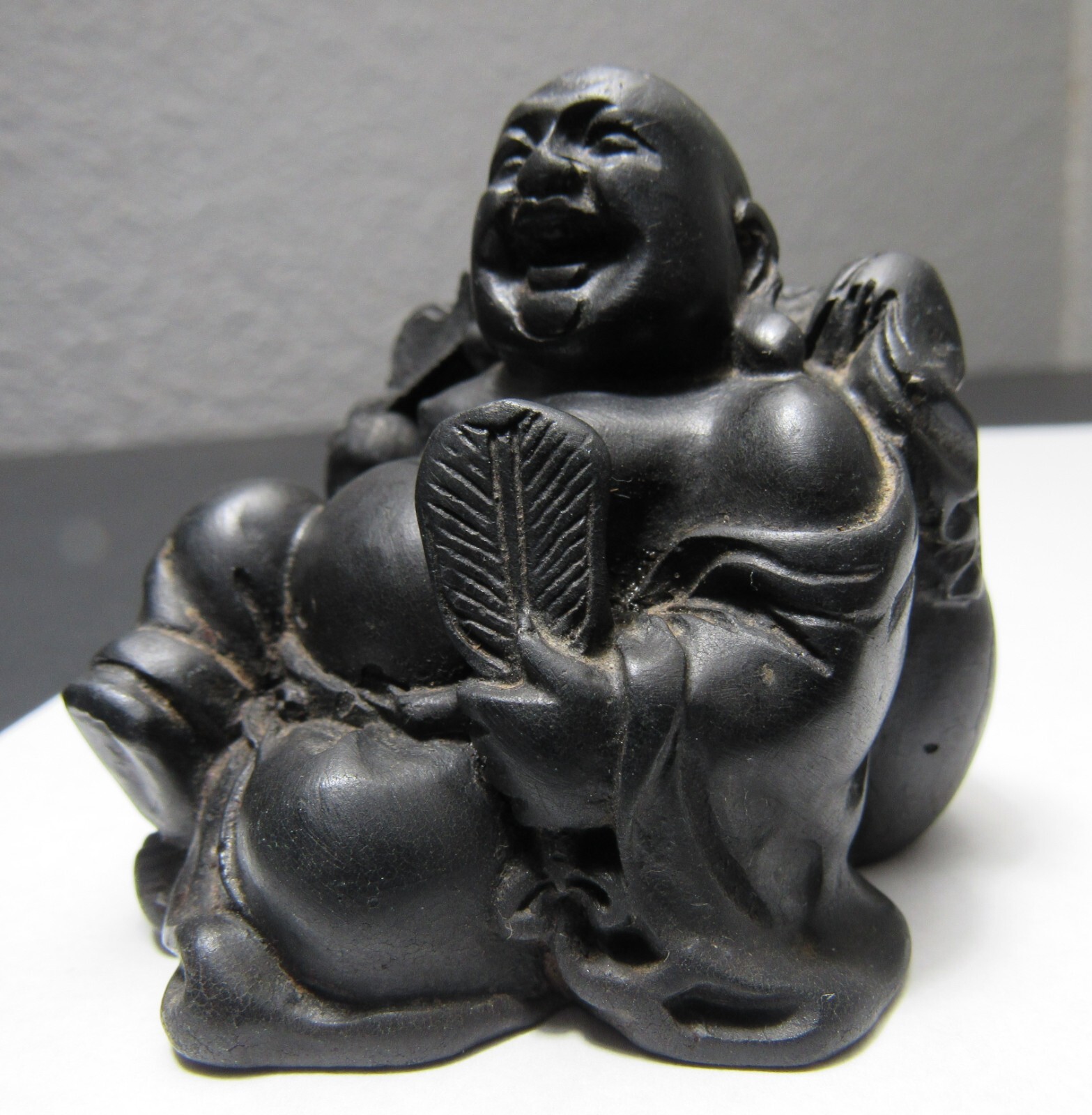 Vintage Smiling Budha Coal Carving Hand-Crafted Figurine Small Unique Art