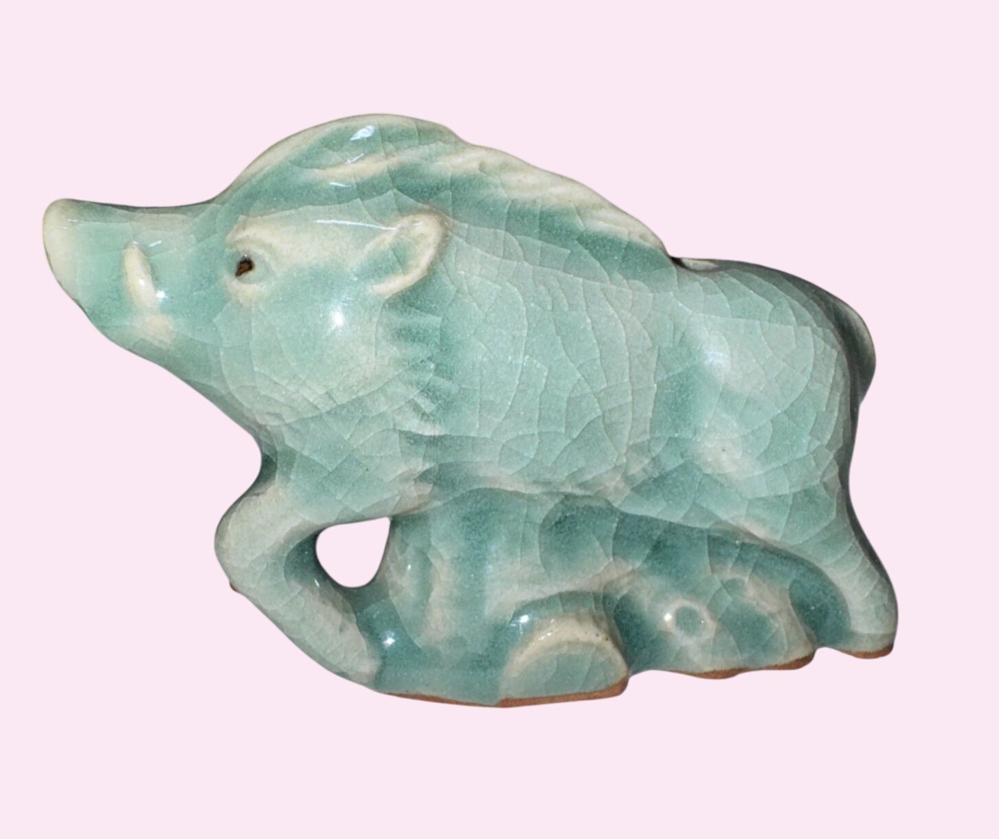 Green Celadon Ceramic Boar Figurine Handcrafted Vintage Signed Collectible