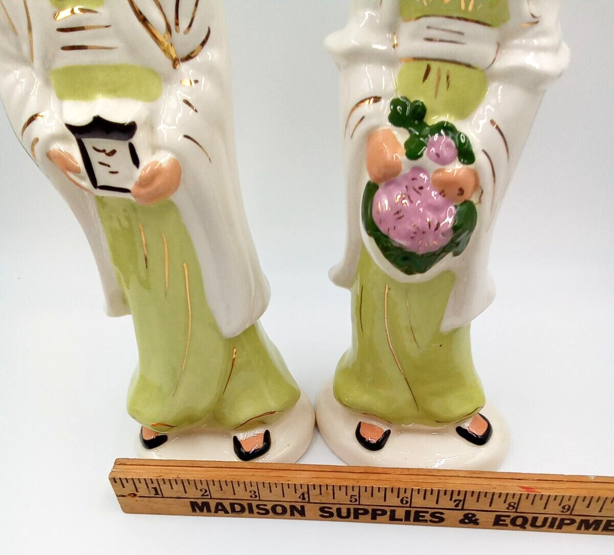 Asian Couple Figurines Statutes Woman Man Porcelain Green White Gold Pink Floral