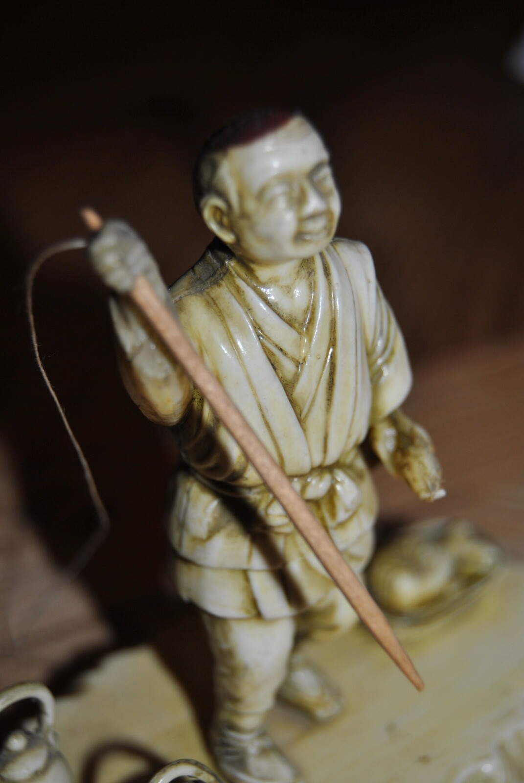 Vintage Japanese Celluloid Miniature Character Figure Harpoon Fisherman & Catch