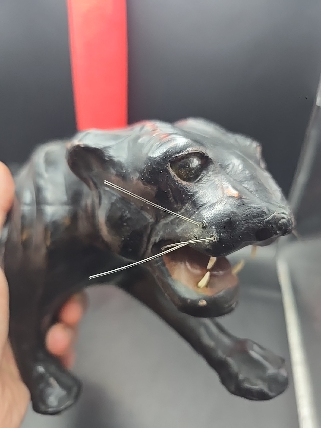 Black Leather Paper mache Panther Jaguar 15″ Glass Eyes Vintage