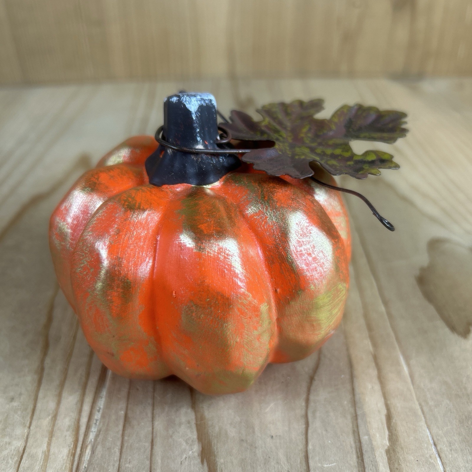 Pumpkin Figurine Set Of 3 Orange Gold Ceramic Metal Leaf Vine Fall Harvest 4×3”