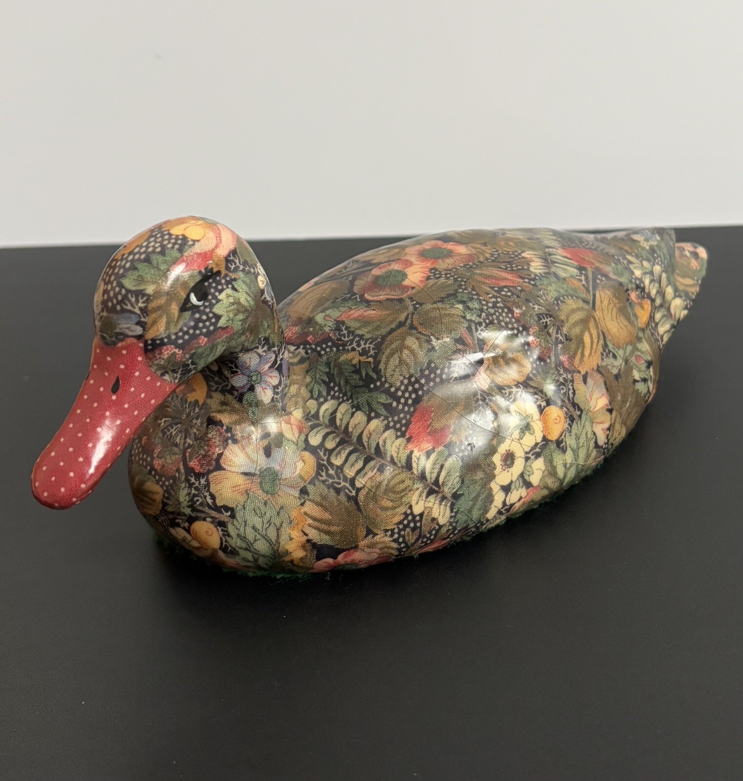 VTG Floral Patchwork Decoupage Wooden Duck Decoy Figurine With Red Bill