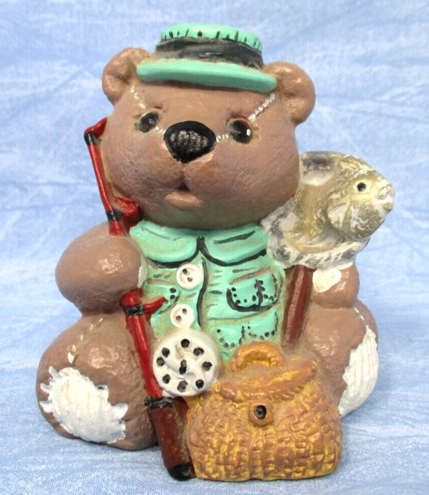 Vintage Fishing Bear Figurine Hand Painted Kitschy Cute 2.5 Inch Anthropomorphic