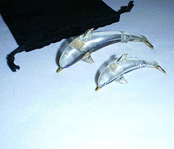(2) Clear Crystal Dolphin Figurines with Blue Eyes & Gold Tipped Fins- off Stand