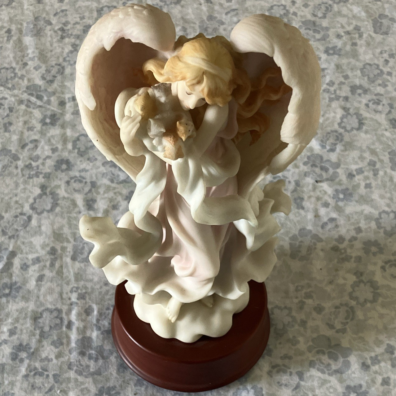 Angel Figurine Resin Sculpture Blonde Hair White Wings Dress on Wood Base