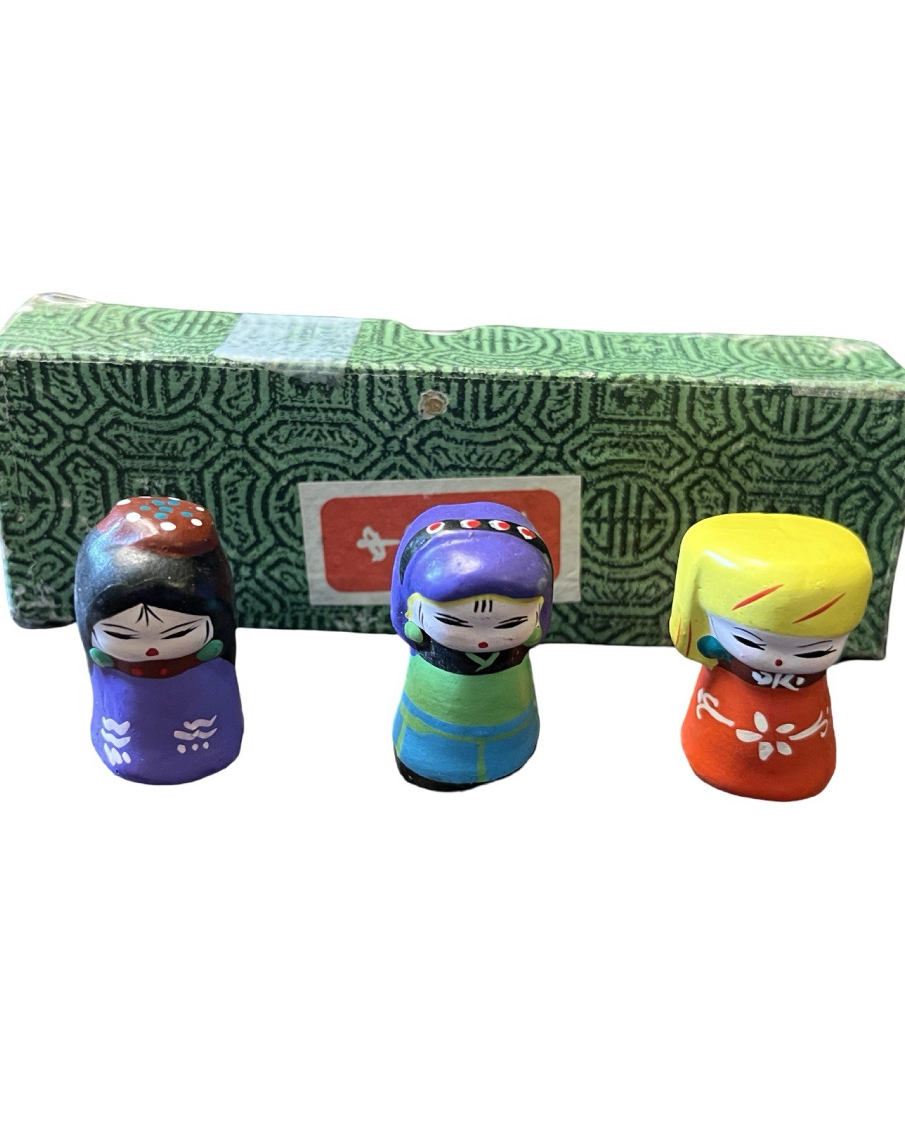 3 Lot, Vintage Mini Ethnic Women Figurines Colorful Clothing 1.25″ Tall Clay Mud
