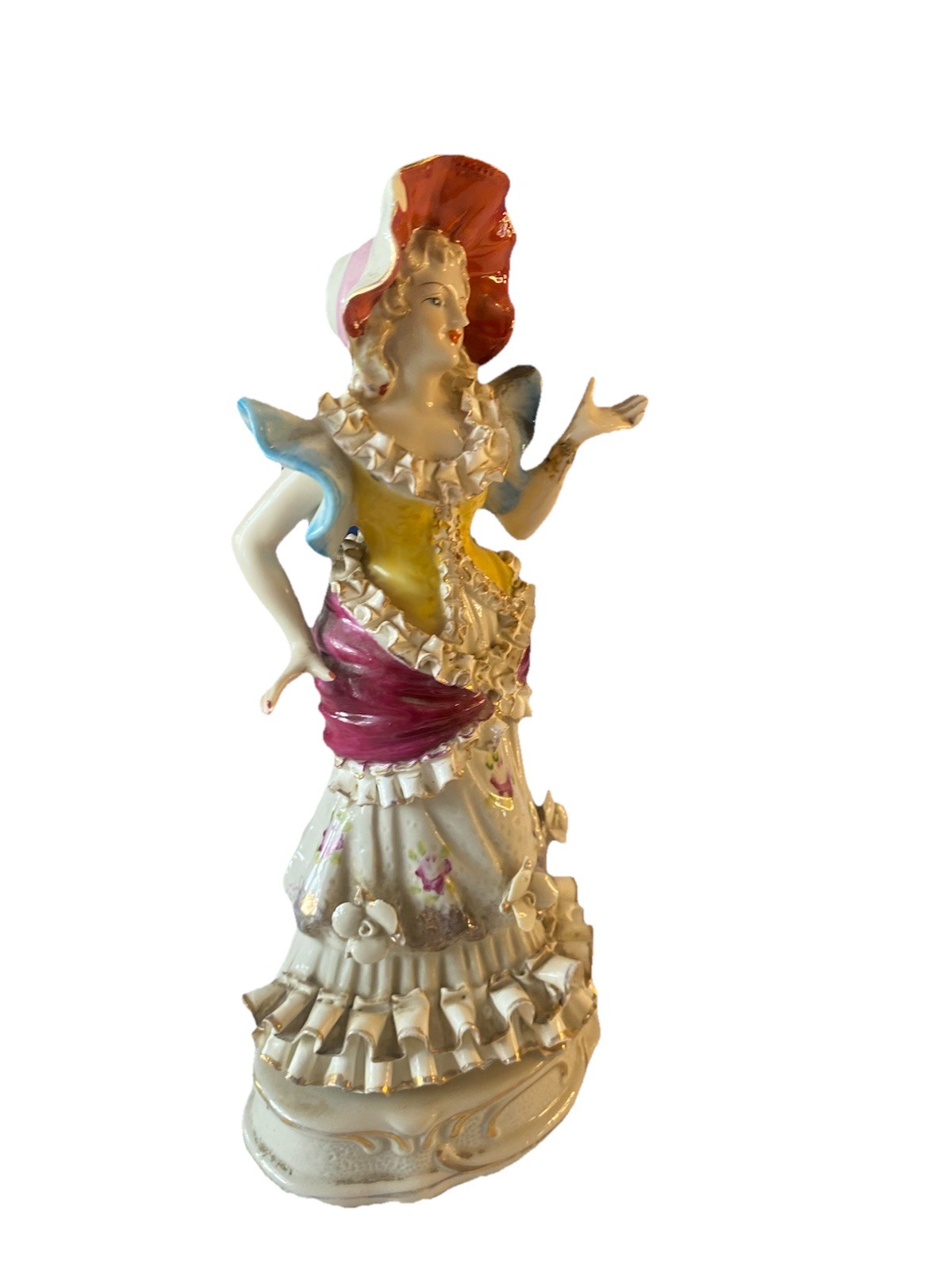 Bone China Lady Figurine Hand Painted Glazed Multicolor Floral Medium 8″ 11.9oz