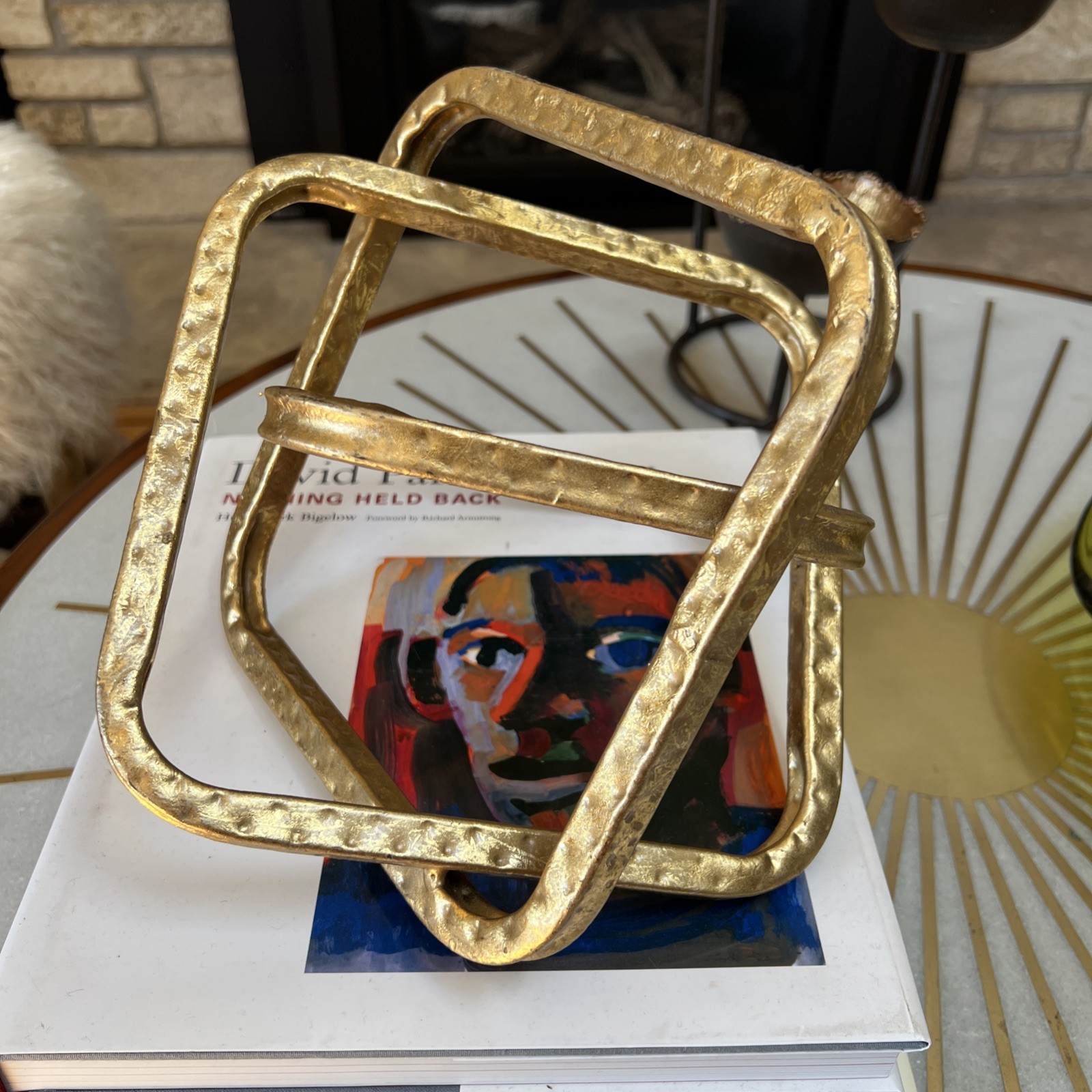 Gold Geometric Metal Sculpture Interlocking Cubes Modern Decor 10.5”