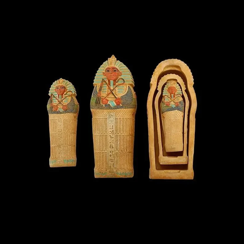 King Tutankhamun Sarcophagus Replica: Hand-Painted Stone Figurine (8.5x7x20cm)