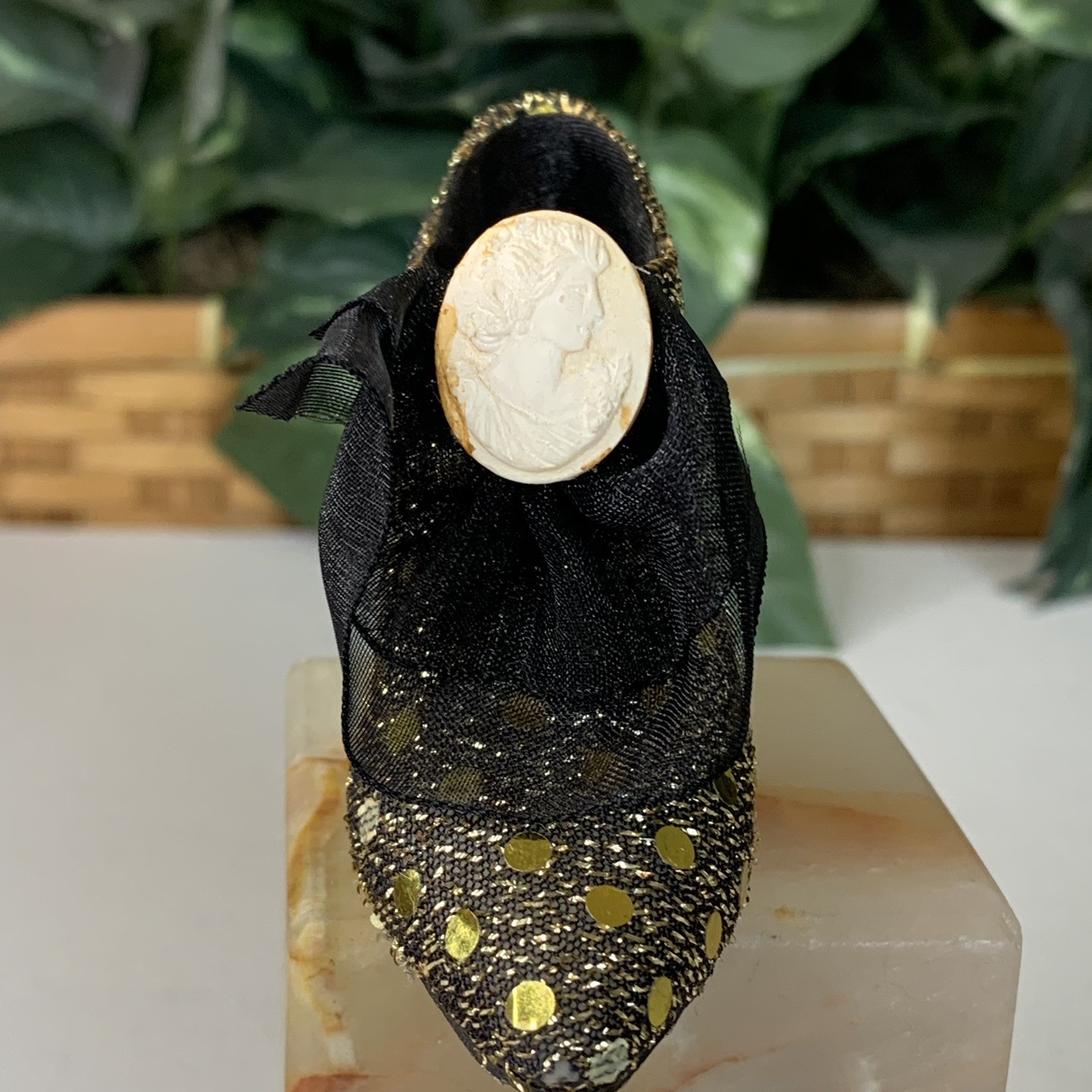 Miniature Victorian Shoe High Heel Slipper Sequins Cameo Bow Glam Decoration 4.2