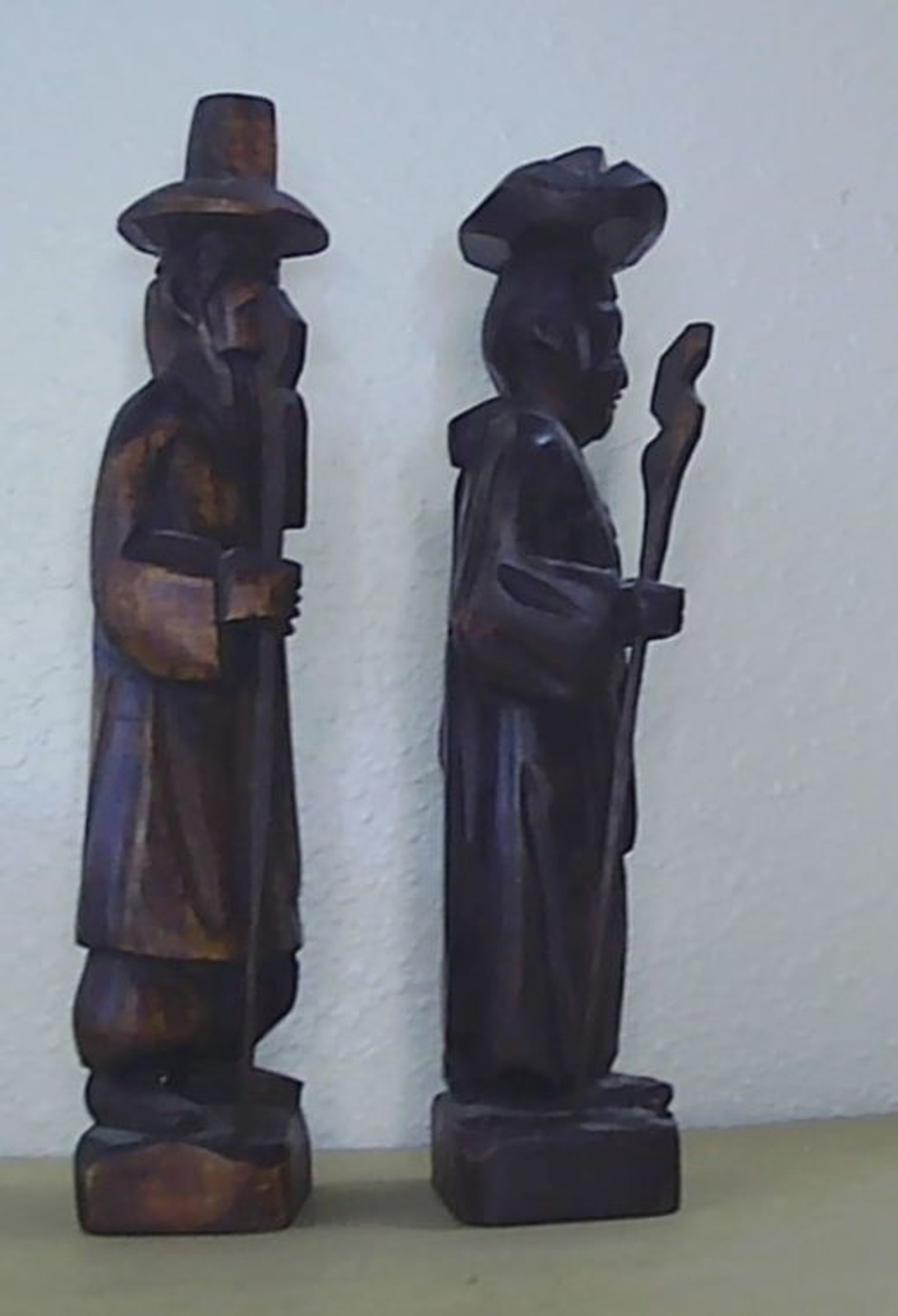 Carved Korean Man Woman Wooden FIGURINE Asian Folk Art Statue Traditional Craft